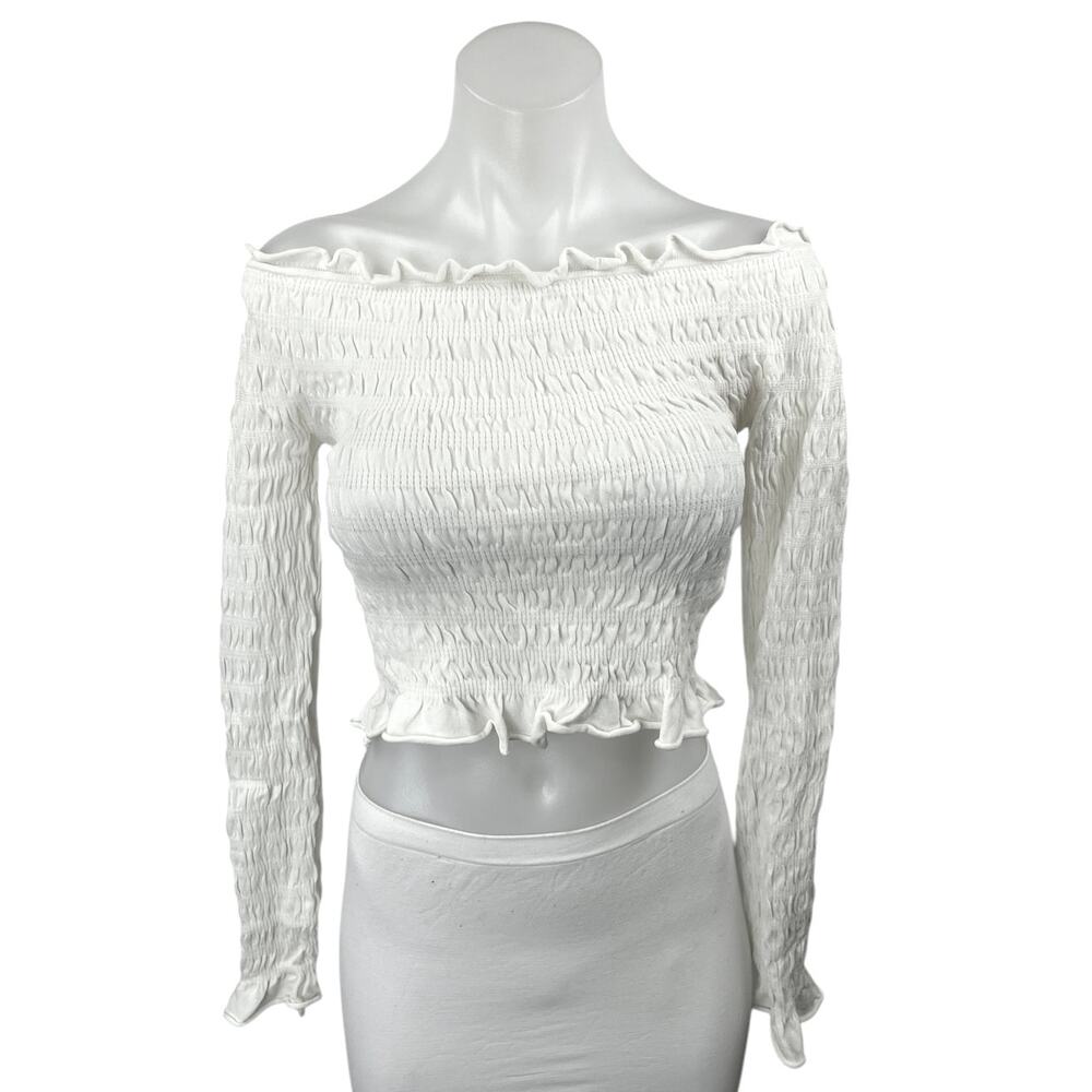Zara White Smocked Long Sleeve Off The Shoulder Ruffle Blouse Crop Top Size M